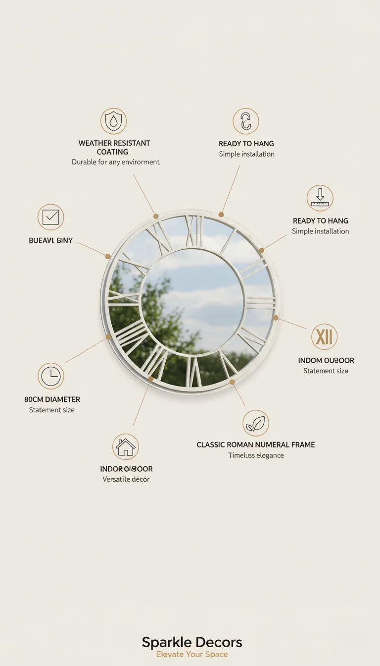 Sparkle Decors White Brushed Grey Round Roman Numeral Wall Mirror 80cm – Indoor & Outdoor Garden Clock Style Decorative Mirror